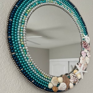 Seashell Mirror/Ocean theme Pearl mirror/ beach house decor/cottage decor/Farmhouse/Wall hangings costal decor/Nautical blue mirror