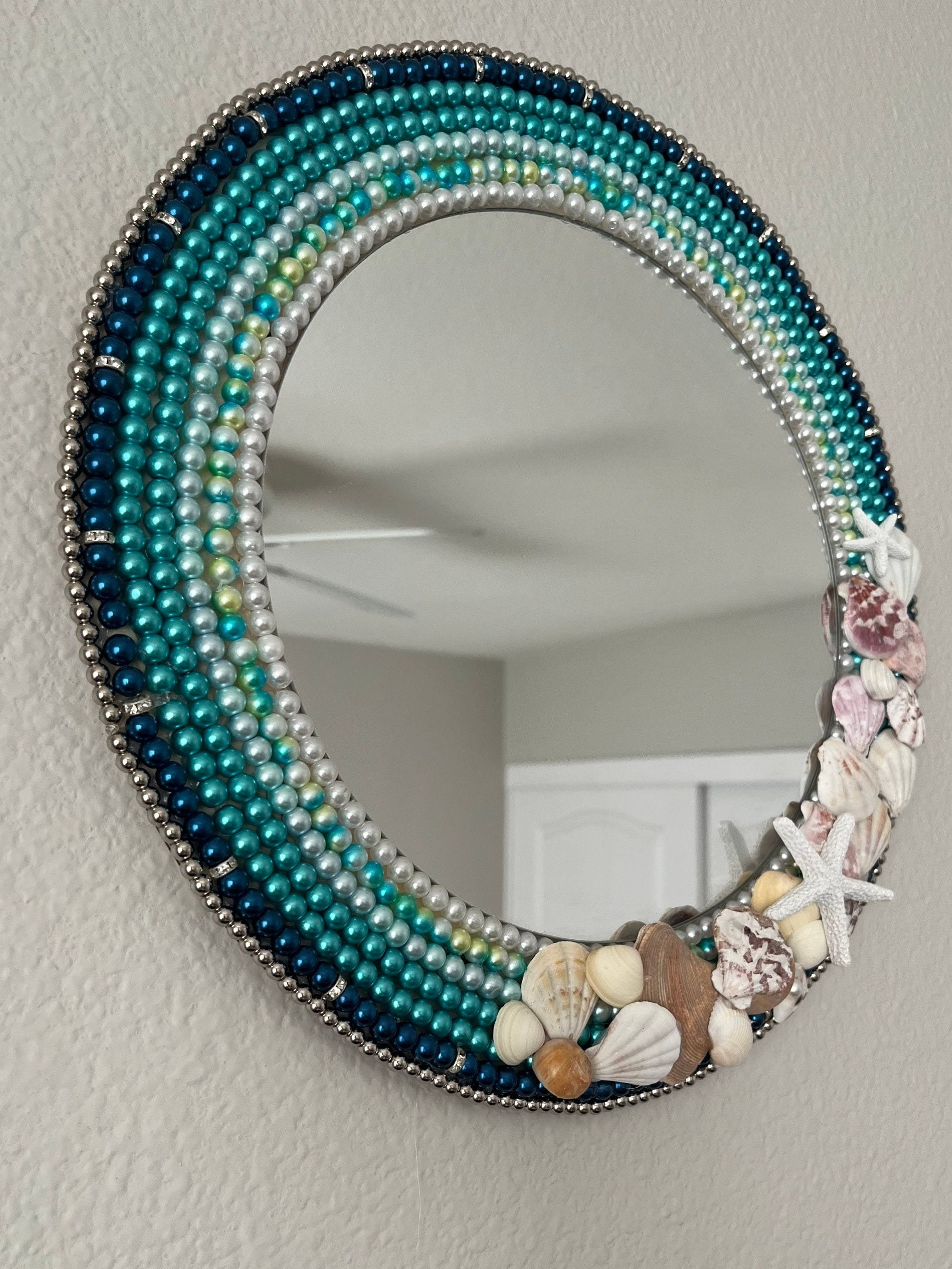 Seashell Mirror/Ocean theme Pearl mirror/ beach house decor/cottage decor/Farmhouse/Wall hangings costal decor/Nautical blue mirror