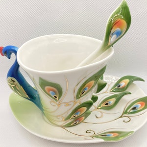 3D Peacock Cup and Saucer Set: Enamel Porcelain Coffee Mug
