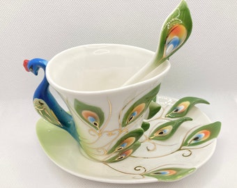 Gorgeous Peacock Cup & Saucer/ 3D Cup and Saucer set /Creative Coffee Mug/Porcelain Peacock Theme Coffee cup/Valentine's day Gifts