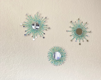 Set of 3 Handmade Boho Sunburst Mirror Set – Ombre Pearl Beaded Wall Decor