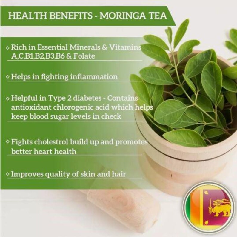 May include: A wooden bowl filled with green moringa leaves. Text on the left lists health benefits: rich in vitamins and minerals, helps fight inflammation, helpful for type 2 diabetes, fights cholesterol, and improves skin and hair. The Sri Lankan flag is in the bottom right.