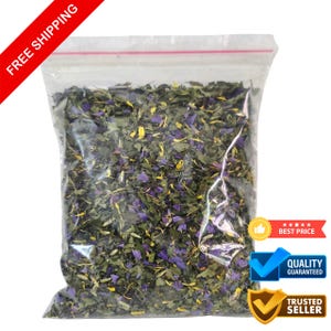 May include: A clear plastic bag filled with dried herbs and flowers. The contents are a mix of green leaves, purple petals, and yellow accents. The bag is sealed with a red and white zipper. The image also includes a red banner that says "FREE SHIPPING".