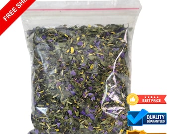 May include: A clear plastic bag filled with dried herbs and flowers. The contents are a mix of green leaves, purple petals, and yellow accents. The bag is sealed with a red and white zipper. The image also includes a red banner that says "FREE SHIPPING".