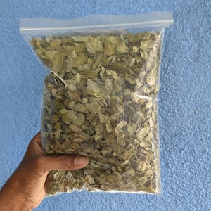 May include: A clear plastic bag filled with dried green leaves. The bag is held by a person's hand against a blue background. The leaves appear to be a natural product, possibly for culinary or medicinal use.