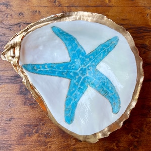 Maine Made Aqua Blue Starfish on Maine Oyster Shell