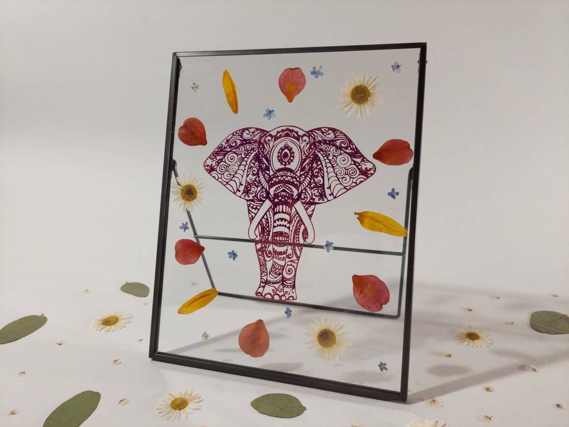 Herbier Éléphant/Décoration Murale Fait Main Créatrice Bretonne Fabriqué en France Fleurs Pressés