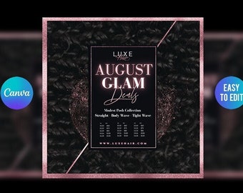August Glam / Modello Canva modificabile per volantino fai da te / Bellezza di lusso / Capelli / Extension / Parrucchiere / Parrucchiere / Post sui social media
