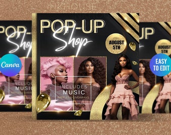 Modello di volantino Canva per negozio pop-up fai-da-te, volantino celebrativo, volantino Sip & Shop, volantino evento, volantino capelli, volantino glamour, volantino parrucca, social media