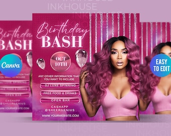 Premium Birthday Party Canva Flyer Template, Glam Birthday Flyer | Birthday Bash Flyer, Birthday Celebration. Luxury Birthday