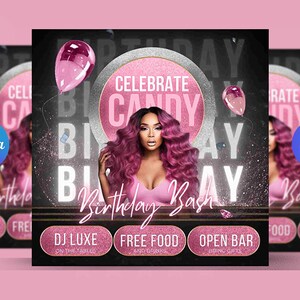 Pu&ograve; includere: Un invito a una festa di compleanno rosa e nero con una donna con i capelli rosa e il testo "Celebrate Candy Birthday Bash".