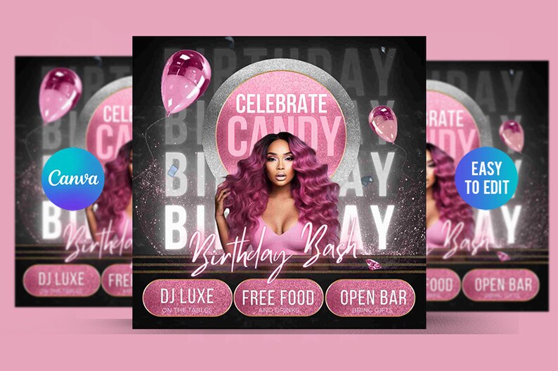 Pu&ograve; includere: Un invito a una festa di compleanno rosa e nero con una donna con i capelli rosa e il testo "Celebrate Candy Birthday Bash".