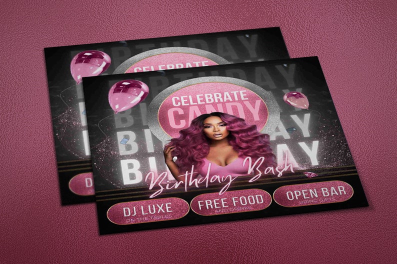 Pu&ograve; includere: Un invito a una festa di compleanno nero e argento con glitter rosa e palloncini. L'invito dice "Celebra Candy Birthday Bash" con una foto di una donna con i capelli rosa. L'invito dice anche "DJ Luxe", "Cibo e bevande gratis" e "Bar aperto".