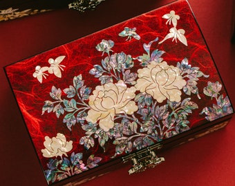 February Mountain Parelmoer Houten Grote Afsluitbare Sieraden Organizer Doos met Sleutel - Tweelaags Fluwelen Interieur Handgemaakte Perfecte Geschenken voor Vrouwen Traditionele Keepsake Decoratieve