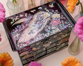 FEBRUARY MOUNTAIN Mother of Pearl Jewelry Box w/ 4 Drawers Peacock Design Wooden Storage Box Wedding Birthday Christmas gifts for women mom