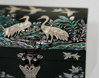 Scatola Cubo In Madreperla Coreana Fatta A Mano – Portagioie Lussuoso Con Disegno Gru O Farfalla, Ideale Come Regalo