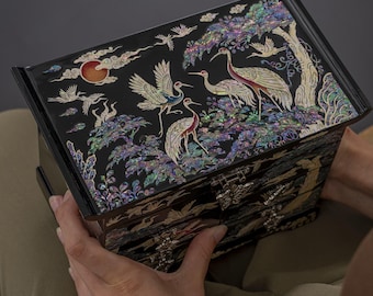 FEBRUARY MOUNTAIN Luxury Korean mother of pearl jewelry box with cranes, unique gift for mom wife her birthday anniversary Christmas
