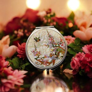 Espejo compacto de nácar coreano con diseño de pájaro en flor de FEBRERO, espejo de maquillaje portátil elegante con caja de regalo, regalos para mujeres