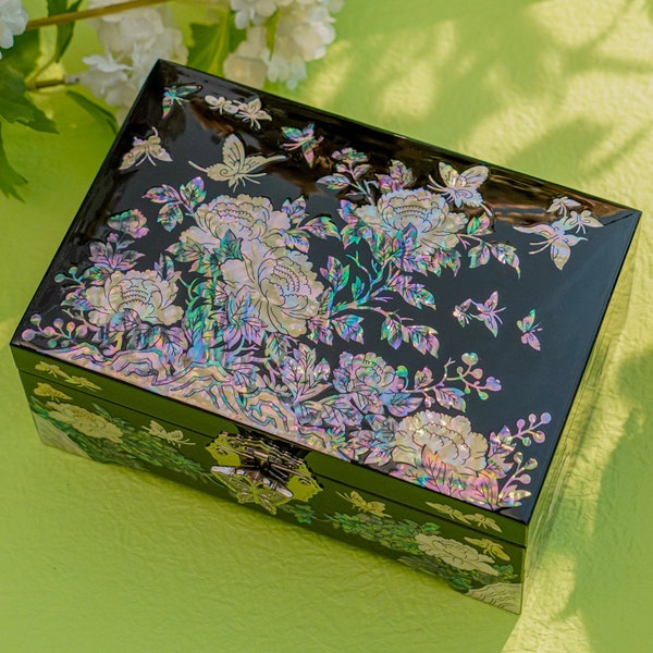 February Mountain Jewelry Organizer Box for Women with Mirror Lid - Peony with Butterfly Mother of Pearl Glossy Black Display Jewelry Box