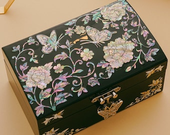 Handmade Mother of Pearl Jewelry Box with Butterfly and Floral Design – Birthday Gift, Elegant Keepsake Box for Rings, Earrings, Necklaces