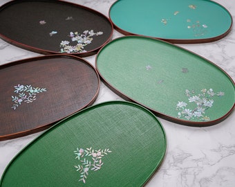 FEBRUARY MOUNTAIN Mother of Pearl Handmade Wooden Lacquered tray Oval Plate, Wood Key Tray, Wood Serving Tray, Modern Wood Tray