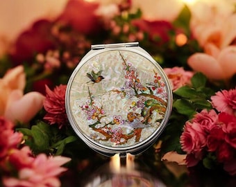 FEBRUARY MOUNTAIN  Korean Mother-of-Pearl Compact Mirror Blossom Bird Design, Elegant Portable Makeup Mirror with Gift Box Gifts for Women