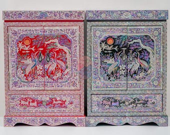 FEBRUARY MOUNTAIN Mother of Pearl Traditional Asian Black and Red Mother of Pearl Inlaid Cabinet with Crane and Floral Design