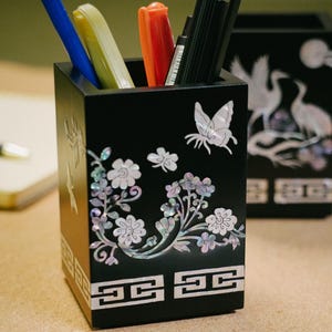 February Mountain Mother of Pearl Office Desk Pen Holder - Desk Organization Modern office Wooden Pen holder  office desk accessories