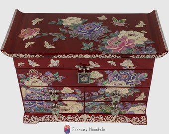 February Mountain Mother of Pearl Jewelry Box – Peony Flowers with Butterflies Korean Art Features Spacious 4 Drawers Mother of Pearl chest