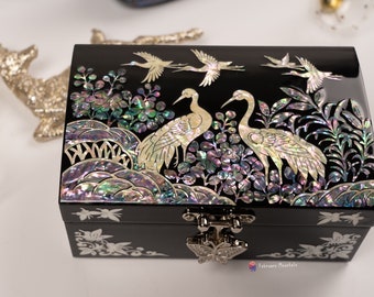 February Mountain Mother of Pearl Crane Small Jewelry Box - Sea shells inlaid Wooden Box Perfect for Jewelry Ring Necklace Bracelet Earrings