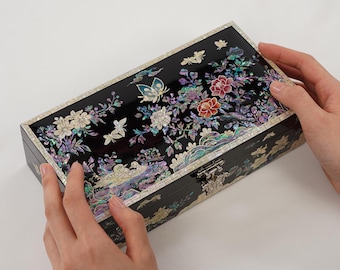 February Mountain Mother-of-Pearl Large Wooden Jewelry Organizer Box | Handmade Abalone Shell Plum Blossom Design | Lacquer Finished