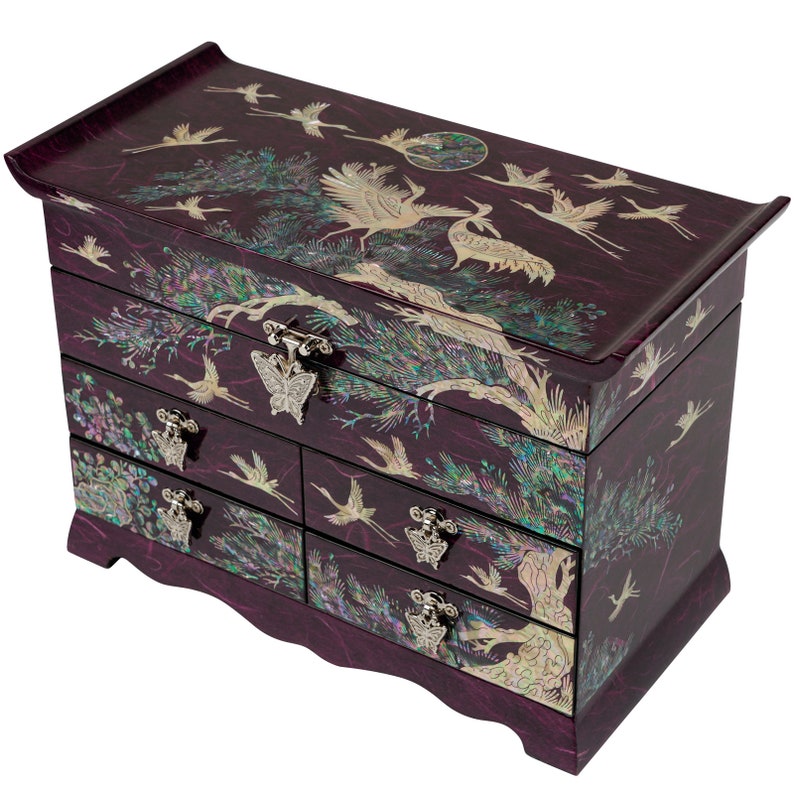 February Mountain Mother of Pearl Large Wooden Jewelry Organizer Box Crane and Pine Tree Design Korean Jewelry Storage Box image 1