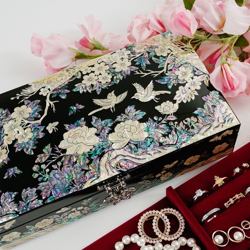 February Mountain Mother Of Pearl Jewelry Box - Handmade Abalone Shell Organizer With Mirror, Gift Box (Black)