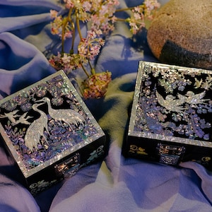 February Mountain Mother of Pearl Small Jewelry Box - Crane Design Korean  Art