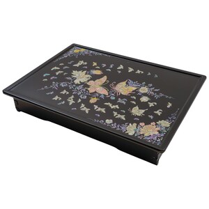 Black rectangular tray with colorful floral and butterfly inlay design, without visible legs.