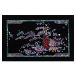 February Mountain Korean Mother of Pearl Inlay Wall Art: Vibrant Crane, Pine Tree & Traditional Vases on Black Background