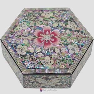 February Mountain Mother of Pearl Hexagon Jewelry Box - Wooden Butterfly with Flower Design Organizer Keepsake Box Case