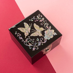 FEBRUARY MOUNTAIN - Handmade Korean Mother of Pearl Trinket Box with Mirror | Crane Peacock Butterfly  Elegant Keepsake for Her