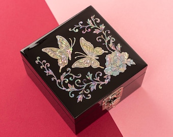 FEBRUARY MOUNTAIN - Handmade Korean Mother of Pearl Trinket Box with Mirror | Crane Peacock Butterfly  Elegant Keepsake for Her