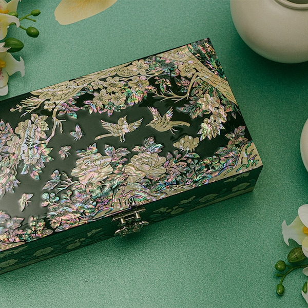 February Mountain Floral Mother of Pearl Jewelry Box - Handcrafted Elegance Gifts for Women