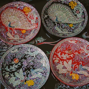 February Mountain Mother of Pearl Korean Traditional Asian Peacock and Crane Collectible Plate with Stand Unique Gifts