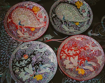 February Mountain Mother of Pearl Korean Traditional Asian Peacock and Crane Collectible Plate with Stand Unique Gifts
