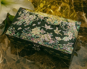 February Mountain Mother-of-Pearl Large Wooden Jewelry Organizer Box | Handmade Abalone Shell Plum Blossom Design | Lacquer Finished