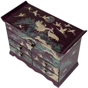 February Mountain Mother of Pearl Large Wooden Jewelry Organizer Box Crane and Pine Tree Design Korean Jewelry Storage Box image 5