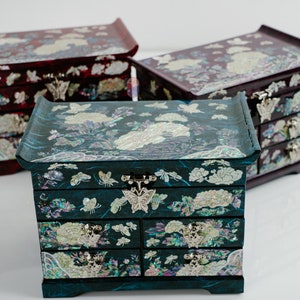 Februari Mountain Parelmoer Sieradendoos met 4 Laden Sieraden voor vrouwen, Cadeau voor haar - Decoratieve doos, Sieradenorganisator, Opbergdoos