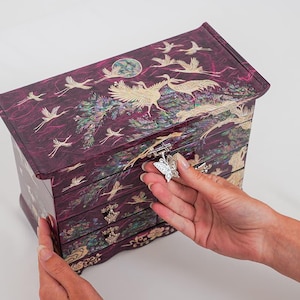 February Mountain Mother of Pearl Large Wooden Jewelry Organizer Box - Crane and Pine Tree Design Korean Jewelry Storage Box