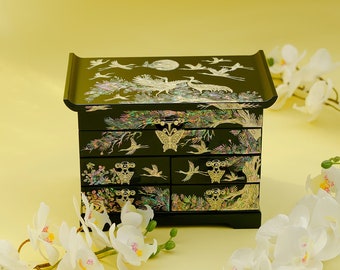 February Mountain Mother of Pearl Wooden Crane Jewelry Organizer Box – Home Decor unique gifts for women, Features Spacious Drawers