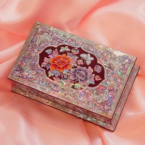 FEBRUARY MOUNTAIN: Red Mother of Pearl Desk Organizer with Peony Inlay, Lacquer Pen Case