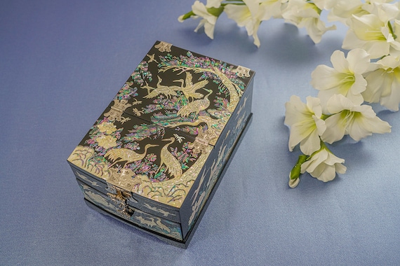 Vintage Black Lacquered box with intricate mother of pearl