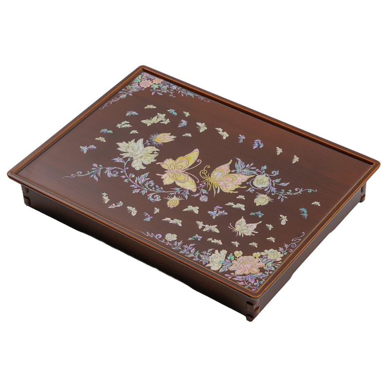 Brown rectangular tray with colorful floral and butterfly inlay design, without visible legs.